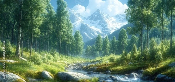 Obraz Serene Mountain Stream: A Digital Painting of a Tranquil Forest Landscape