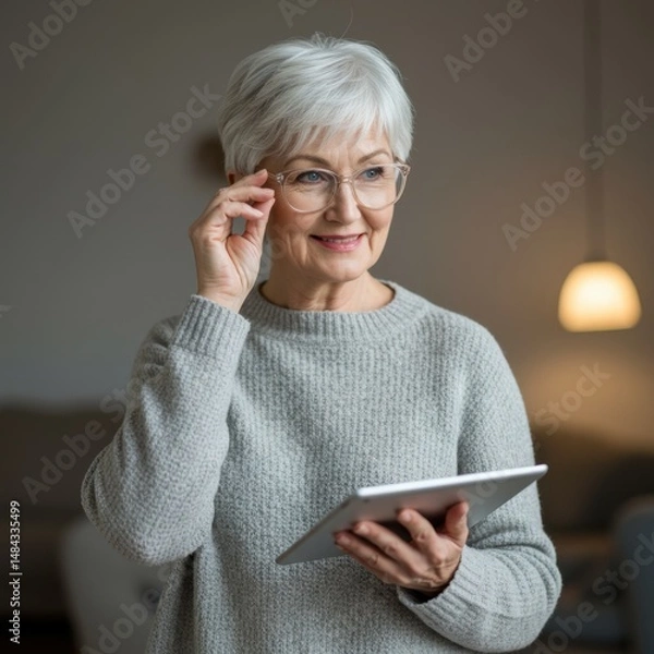 Obraz Senior Woman Using Tablet,  Thoughtful Expression,  Grey Sweater, Home Setting