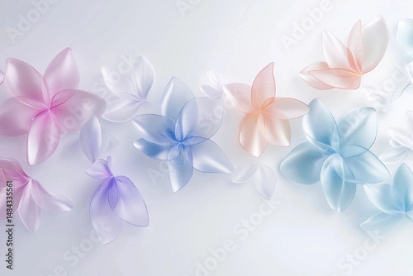 Fototapeta Elegant 3D floral composition featuring translucent petals in soft pastel tones on a white background, ideal for decorative and design uses.
