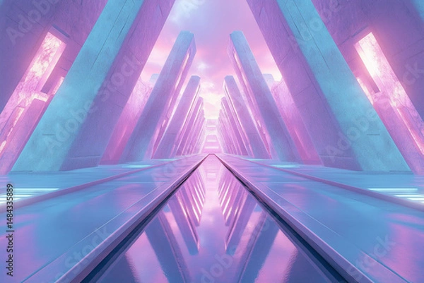 Fototapeta A surreal futuristic temple structure in pastel pink and blue, glowing under ambient sky light.