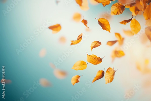 Fototapeta Golden autumn leaves gently falling against a soft blue gradient background, capturing the serene transition of seasons.