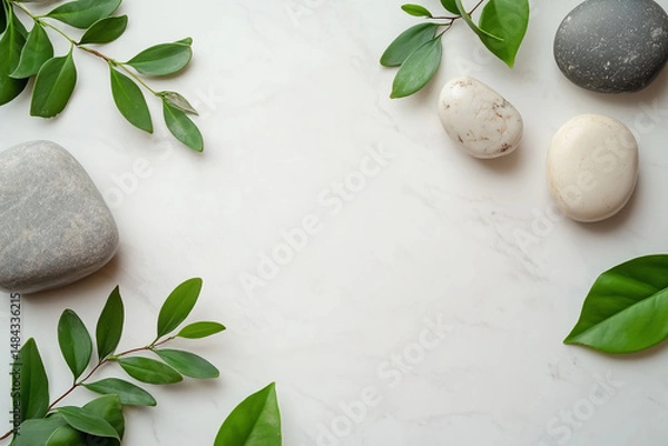 Fototapeta Minimalist flat lay of smooth zen stones and green leaves on a white marble surface, ideal for spa or wellness-themed designs.