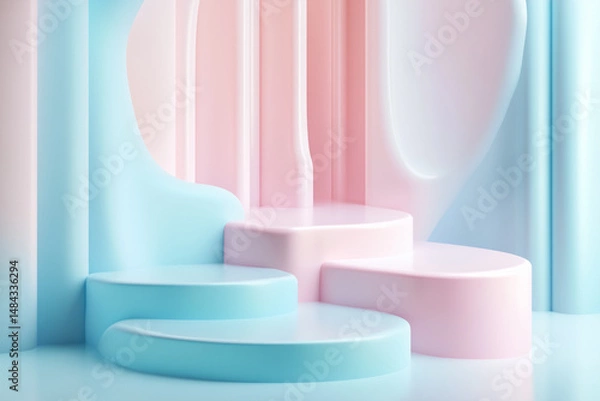 Fototapeta Minimal 3D pastel steps with flowing geometric shapes in soft pink and blue tones.