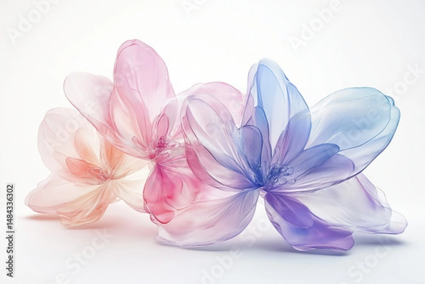 Fototapeta 3D abstract floral artwork with transparent, pastel-colored petals floating in minimal white space.