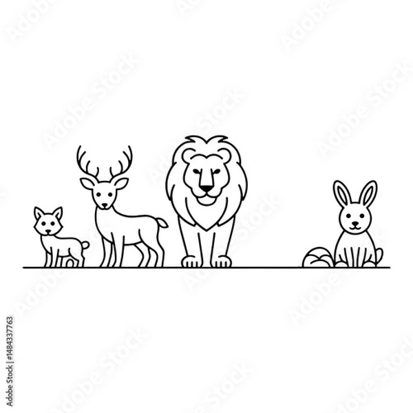 Fototapeta A group of animals including a lion deer rabbit and a small fox in a simple black and white drawing 