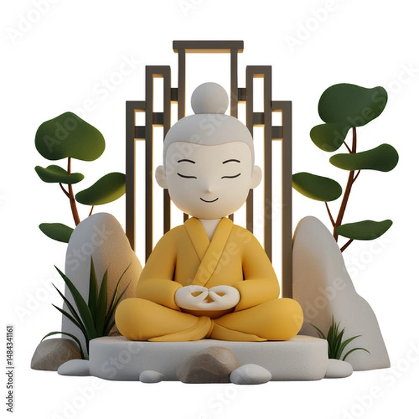 Fototapeta 3D render of serene cartoon monk in yellow robes meditating amidst stylized rocks and plants on a transparent background. Peaceful and minimalist digital art.