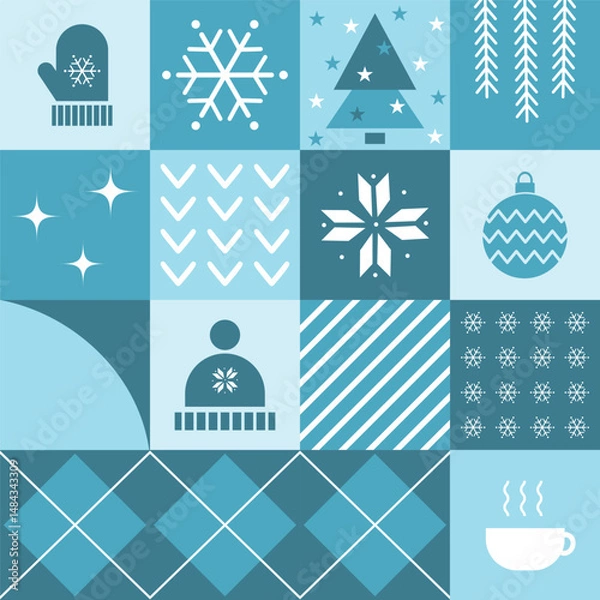 Fototapeta Winter Square Pattern. Seamless Geometric Checkered Print with Winter Things. Christmas Abstract Background. Template. Set. Patchwork. Christmas Tree, Ball, Snowflake, Hat, Glove, Cup. Vector in Blue.