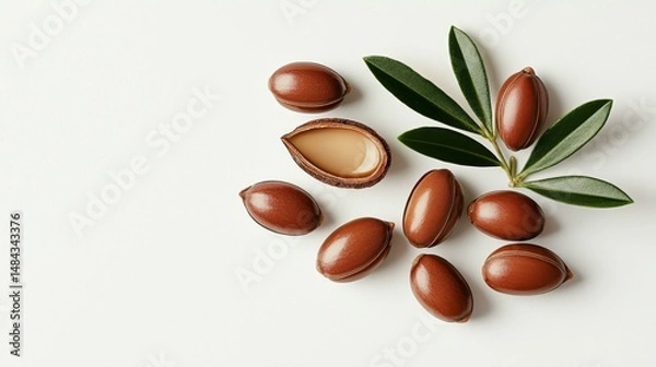 Fototapeta Isolated Argan Seeds on Clean White Background Argan Oil Nuts with Green Plant Accents Natural Oils for Cosmetics