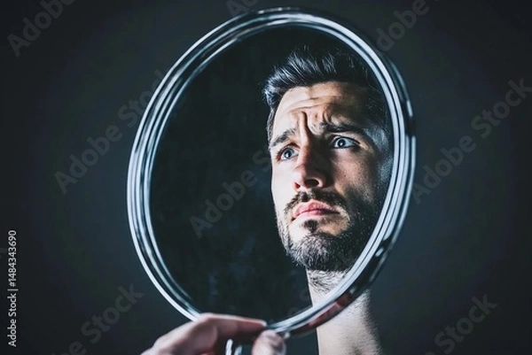 Obraz A man looking at himself in a round mirror, reflecting introspection.