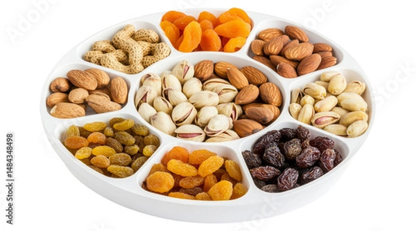 Fototapeta Assortment of nuts and dried fruits in a white segmented tray isolated on a transparent background