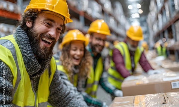 Fototapeta A team of workers is moving goods, happily enjoying the pleasure brought by work. Business, workers, moving, shelves, cartons, advertisements, backgrounds, base pictures, wallpapers