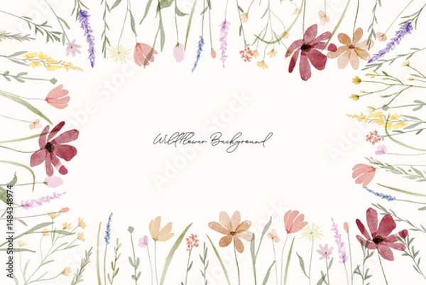 Obraz Spring colorful wildflowers watercolor botanical frame background. Spring and summer Background watercolor arrangements with small flower. Botanical illustration minimal style.