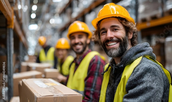 Fototapeta A team of workers is moving goods, happily enjoying the pleasure brought by work. Business, workers, moving, shelves, cartons, advertisements, backgrounds, base pictures, wallpapers