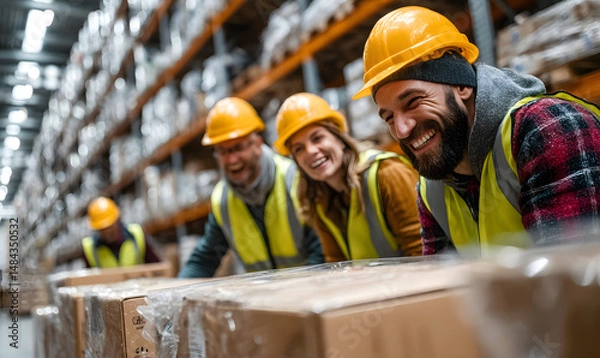 Obraz A team of workers is moving goods, happily enjoying the pleasure brought by work. Business, workers, moving, shelves, cartons, advertisements, backgrounds, base pictures, wallpapers