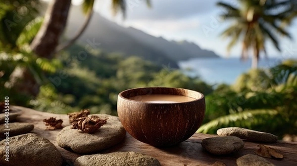 Fototapeta A traditional kava bowl resting on a wooden surface, surrounded by small stone slabs and tropical leaves