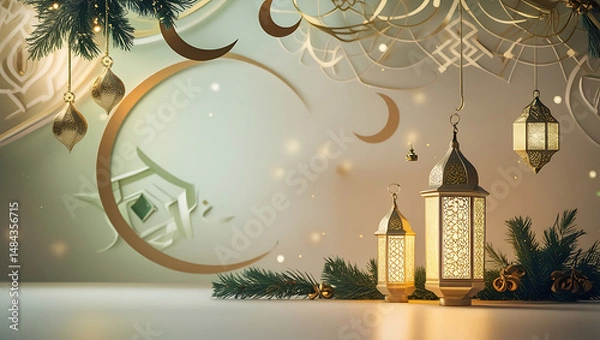 Fototapeta Luminous Eid Celebration Festive Lanterns and Crescent Moon Decor