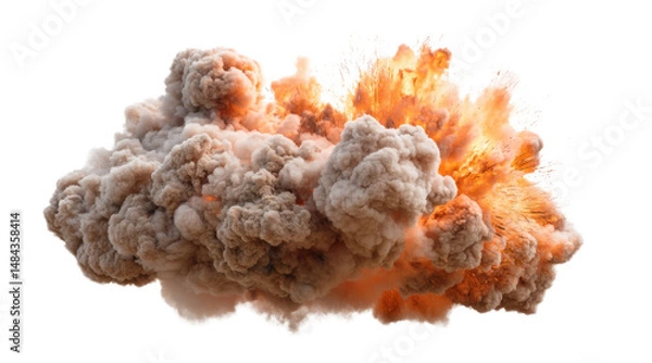 Fototapeta Dramatic explosion with billowing smoke and fiery sparks isolated on a transparent background