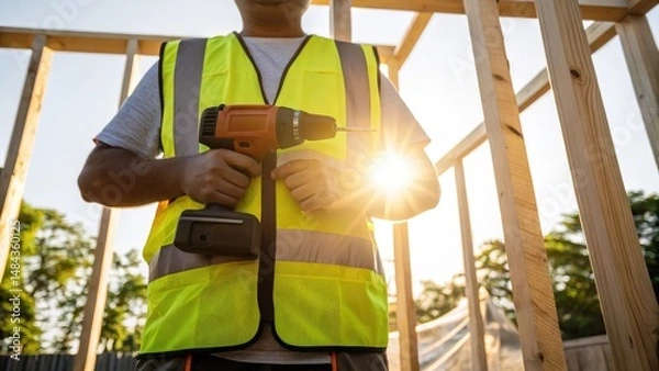 Fototapeta construction worker safety vest building process. A construction worker holds a power drill, wearing a safety vest, with sunlight shining in the background.