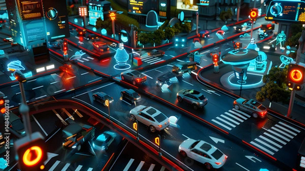 Fototapeta Futuristic Smart City Traffic Control System with AI and Holographic Interface. sync AI traffic control system with glowing lanes and autonomous cars moving in perfect.