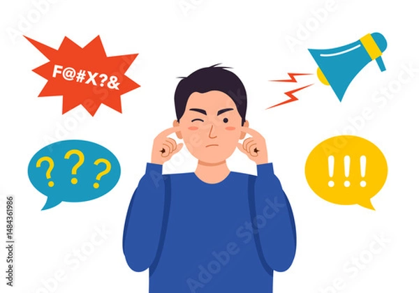Fototapeta Young man with both hands covering ears to protect them from an uncomfortable, loud, annoying noise in flat design vector.