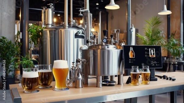 Fototapeta Brightly lit modern brewery showcases stainless steel equipment next to craft beer glasses, while a digital display shows brewing progress with clear information.