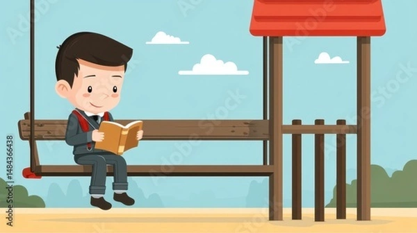 Obraz Cartoon Boy Reading on a Playground Bench
