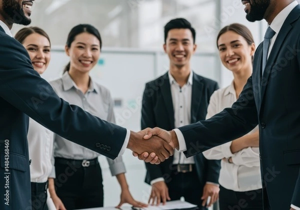 Fototapeta Business people shaking hands during a meeting with diverse team members in the office