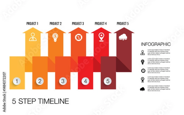 Fototapeta infographic template 5 step for business direction, marketing strategy, diagram, data, growth, arrow timeline, for presentation report and progress