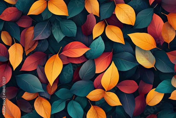 Fototapeta A beautiful autumn leaves texture with rich, vibrant colors of red, orange, and yellow. Ideal for fall-themed designs, backgrounds, or any project needing a warm, nature-inspired visual.