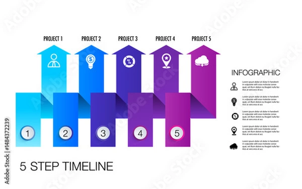 Fototapeta infographic template 5 step for business direction, marketing strategy, diagram, data, growth, arrow timeline, for presentation report and progress