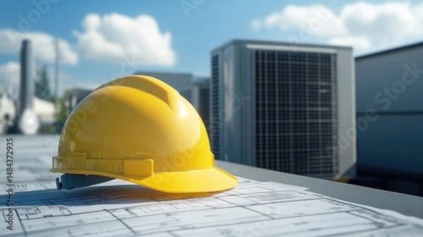Fototapeta Hard hat resting on HVAC blueprint with duct layout and equipment specs in view