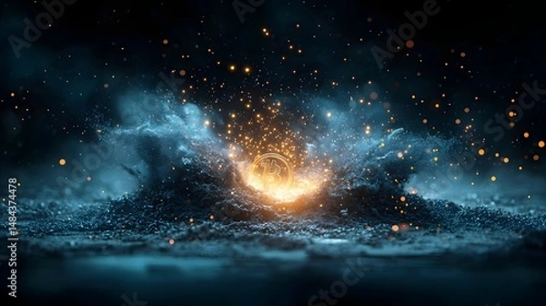 Fototapeta Explosive digital revolution of Bitcoin and financial technology represented by an abstract explosion of light and Bitcoin symbols in a futuristic digital universe