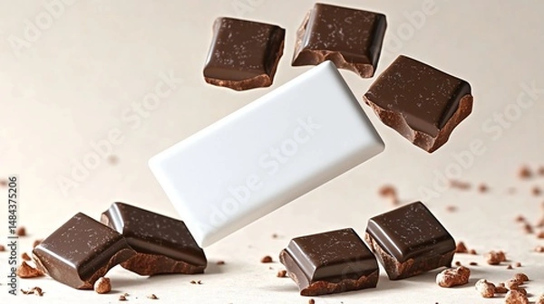 Fototapeta Top view of white chocolate bar surrounded by chunks on brown background for product packaging mockup.