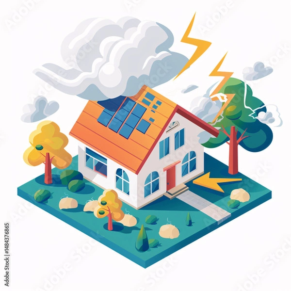Fototapeta Isometric illustration of lightning strike hitting house with solar panels during storm with dark clouds and trees
