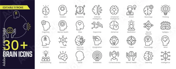 Obraz Brain Stroke icon collections. Containing Creativity, Artificial Intelligence, Thinking, Smart, Neurology, Mental Health, and Brainstorming icons. Editable Stroke icon collection Outline icon