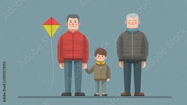 Obraz Three Generations with Kite - Family Illustration