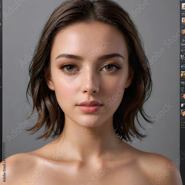 Fototapeta  a person with short, dark hair and a neutral expression. The background is plain, and there is a partial view of a computer screen with some software interface visible on the right side.