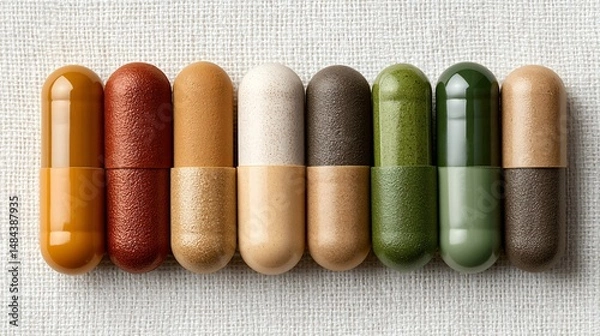 Obraz Multiple vitamin capsule designs in varying amber, green, and clear hues arranged in a neat row on a textured white background with clean typography space for nutraceutical product labeling