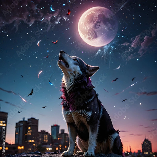 Fototapeta a dog sitting on a ledge or rooftop at night, with a full moon and a starry sky in the background. 