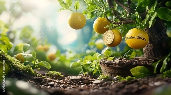 Fototapeta Surreal and imaginative landscape where trees labeled  Dividend bear coin shaped fruits symbolizing the consistent returns and financial growth associated with dividend paying investments
