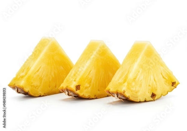 Fototapeta Three pineapple slices arranged in a row on a white surface showcasing their fresh and juicy texture