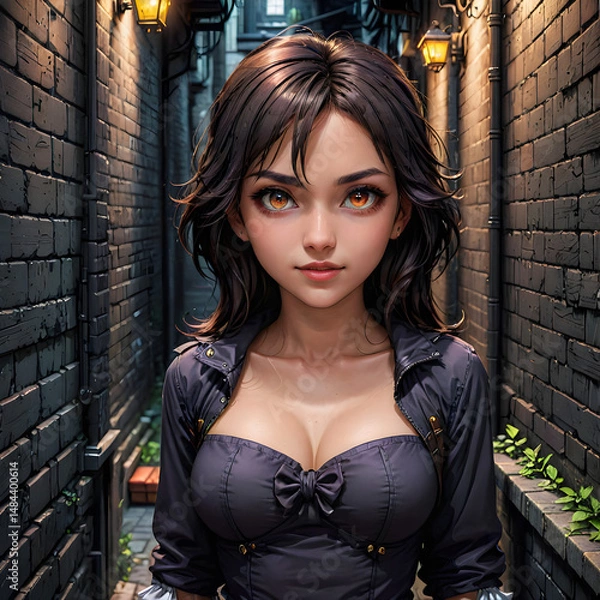 Fototapeta  a person standing in a narrow alleyway with brick walls. The person is wearing a dark,