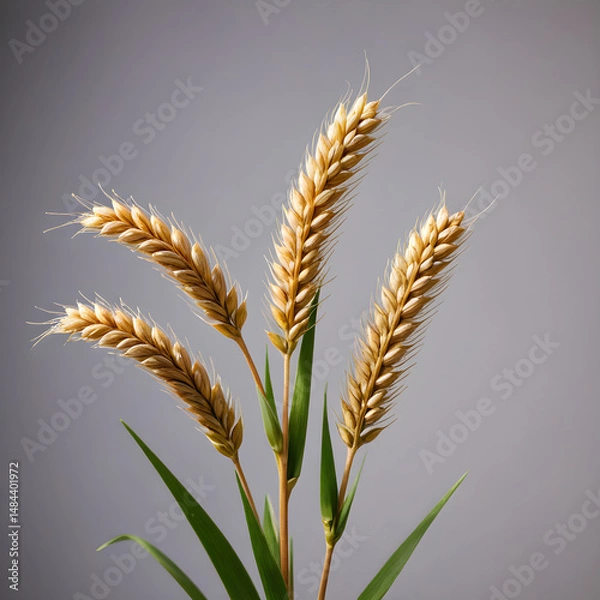 Fototapeta a close-up view of a wheat plant against a gray background. The plant features four distinct stalks of wheat, 