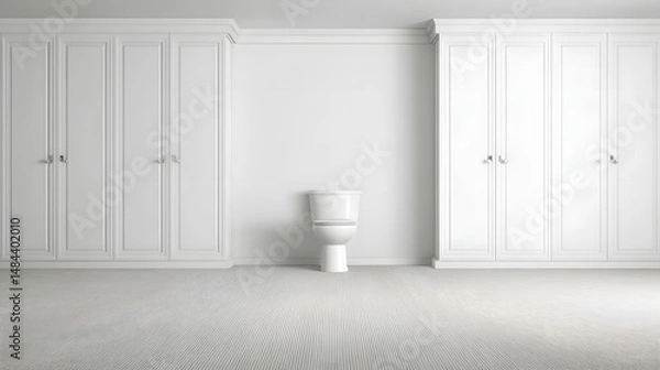 Fototapeta Modern clean white toilet placed centrally in a minimalist bathroom setting, showcasing hygiene, simplicity, and contemporary bathroom design aesthetics.
