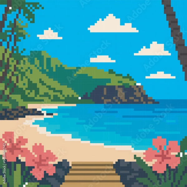 Obraz beach scenery pixel art, vector illustration on isolated background.