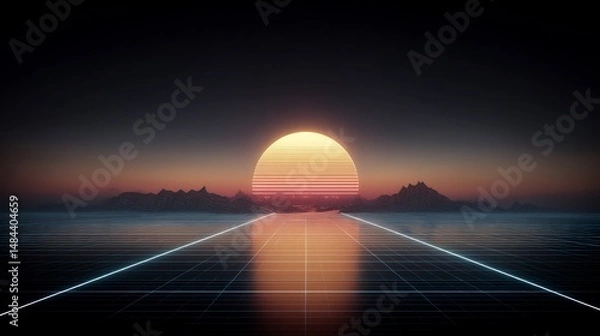 Fototapeta Retrofuturistic vista of a sun setting over a tranquil digital water expanse