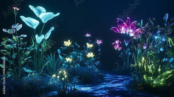 Obraz A cybernetic garden with glowing bioluminescent plants and holographic flowers