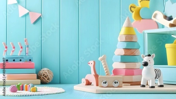 Obraz Colorful Wooden Toys on Light Blue Background in Child's Playroom Decor