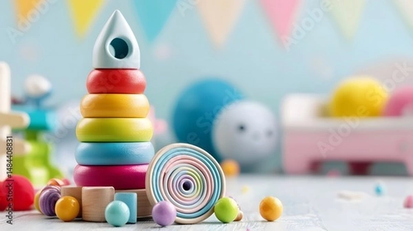 Obraz Colorful Wooden Toys for Children in Bright Playroom Environment