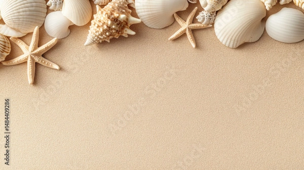 Obraz Top view of a sandy beach with collection of exotic seashells and starfish